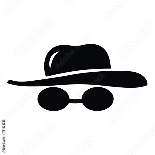 Black silhouette of a fedora hat and round glasses on white background