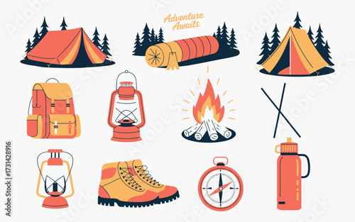 Outdoor adventure camping gear collection featuring tents sleeping bags backpacks lanterns fire boots compass and thermos