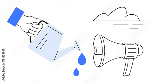 Hand pours water from can with droplets near megaphone and a cloud. Ideal for growth, support, communication, teamwork, ideas, leadership, motivation. Minimalist flat metaphor