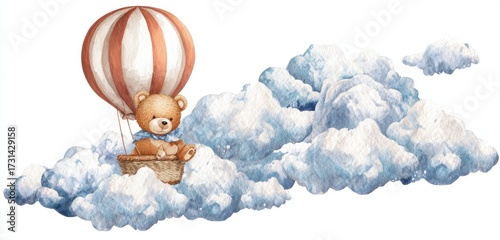 Cute teddy bear floating in a hot air balloon above fluffy clouds in a whimsical sky scene