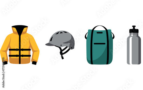 Essential outdoor adventure gear including a yellow jacket helmet backpack and water bottle for exploration