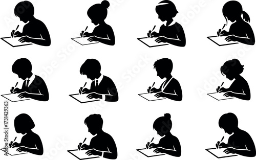 Silhouettes of diverse students focused on writing and studying with enthusiasm and dedication in a classroom setting