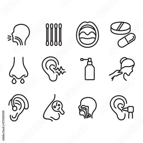Otorhinolaryngology icon set. Line style vector. Contains icons for ear, nose, throat, and other examinations.
