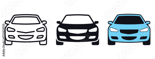Front view car icons in black, white, and blue with smiling grilles, symbolizing friendly automotive design, transport, and playful branding