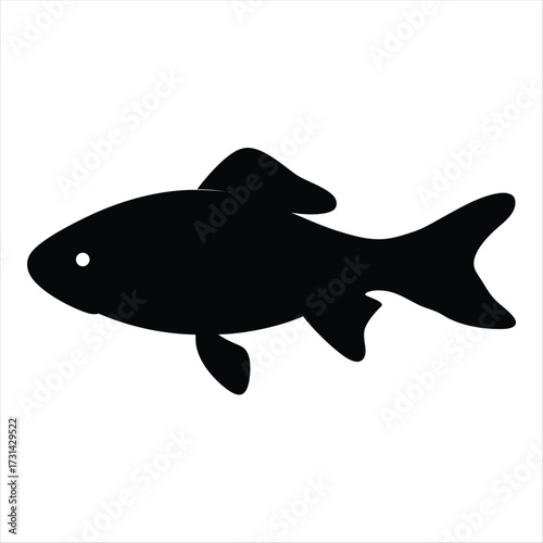 Single black silhouette of a fish swimming to the right side