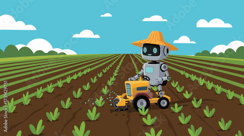Smiling AI Robot Farmer Driving Small Tractor