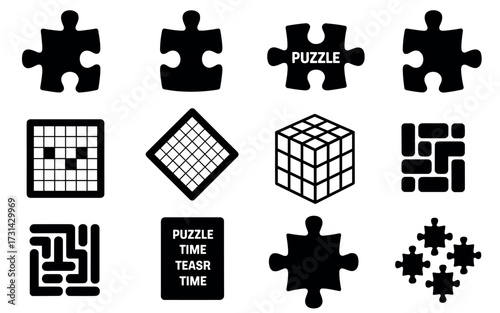 Collection of silhouetted puzzle pieces and brain teaser game icons for problem solving and recreation