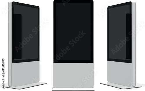  Vector art of three digital display screens or kiosks in different angles, showing a blank black screen