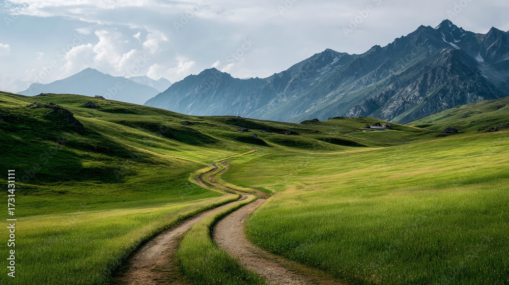 Fototapeta premium A winding dirt path leads through rolling green hills toward a distant mountain range