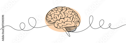 Stylized brain illustration with looping line and orange halo, symbolizing thought process, mental health, neuroscience, and cognitive function