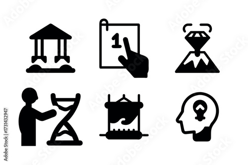 Collection of Intriguing Icons Depicting Time Management, Artistic Creation, Valuable Assets, and Innovative Thinking Processes