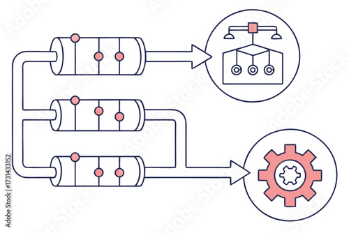 Vector illustration of three cylindrical components feeding into separate output streams, one leading to a hierarchical structure and the other to a gear icon