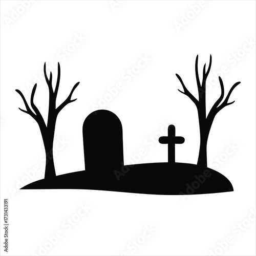 Spooky Halloween Graveyard Silhouette with Tombstones, Trees, and a Cross