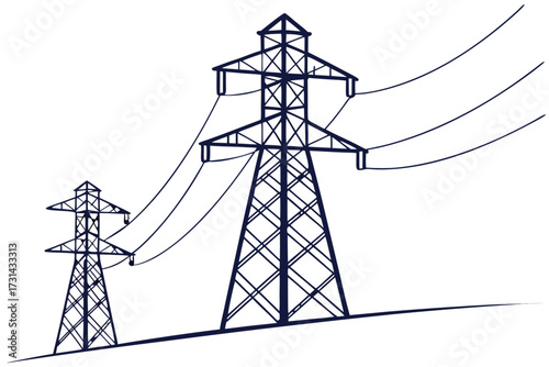 Vector illustration of two electricity pylons with power lines stretching across a