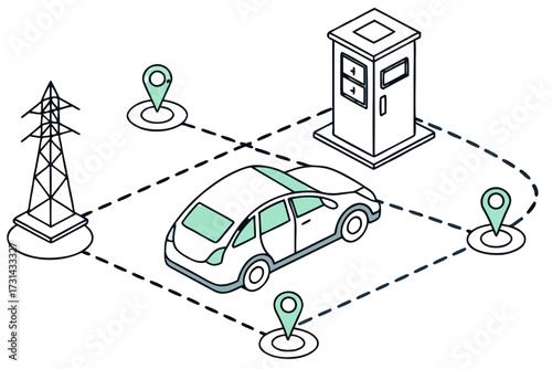 Vector illustration of isometric illustration of an electric car connected to charging stations and a power pylon, representing smart grid technology and electric vehicle infrastructure