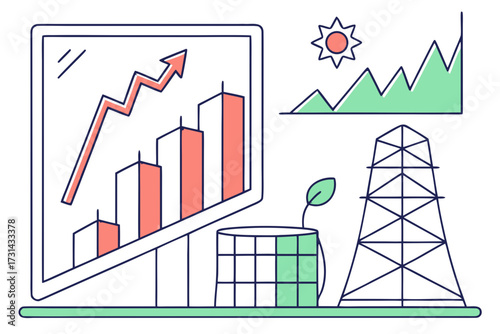 Vector illustration of financial chart showing upward trend, oil rig, and a plant growing from a barrel, symbolizing energy industry growth