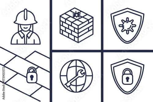 Vector illustration of collection of cybersecurity icons including a builder, firewall, virus shield, locked padlock, and wrench on a globe