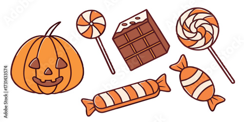Vector illustration of halloween treats including a carved pumpkin, chocolate cake slice, and assorted candies like lollipops and wrapped sweets