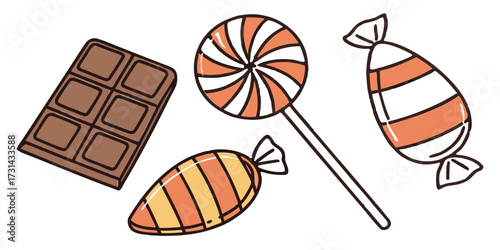 Vector illustration of a collection of halloweenthemed candies including a chocolate bar, a lollipop, and wrapped candies