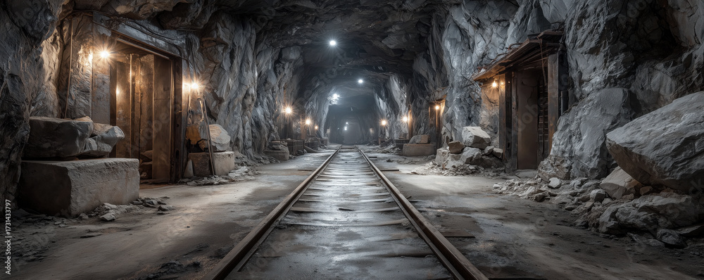 Fototapeta premium Dark and Mysterious Abandoned Mine Tunnel with Dim Lighting and Rail Tracks