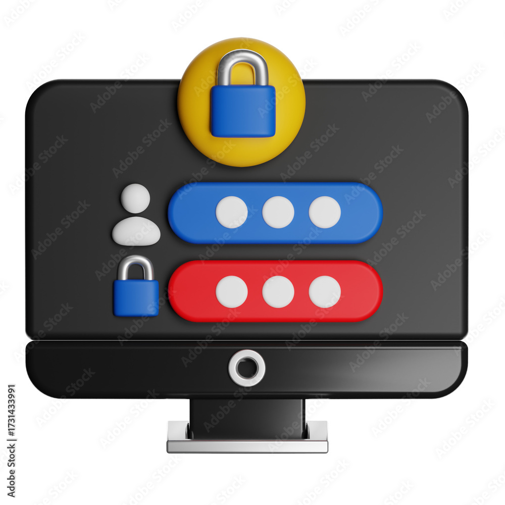 Black Computer Monitor with Blue and Red Credentials on Transparent Background 3D Render Black Computer Monitor with Blue and Red Credentials on Transparent Background 3D Render