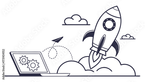 Illustration of a laptop with gears on the screen and a rocket launching with a paper airplane nearby