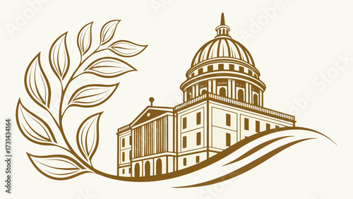 Illustration of a capitol building with a dome and a decorative olive branch to the side