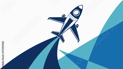Illustration of a dark blue airplane taking off with blue abstract shapes in the background design