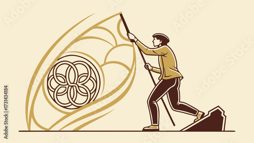 Man holding a flag with a circular design while stepping up onto a small rock formation outdoors