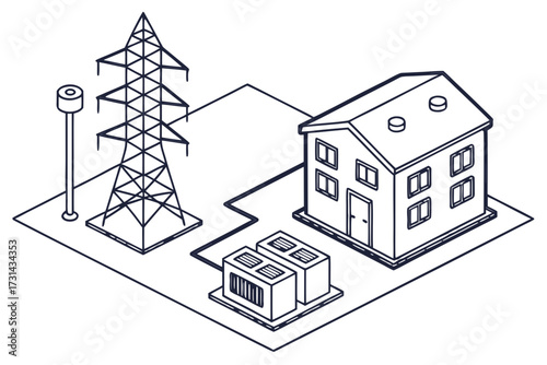 Vector illustration of isometric illustration of a house connected to a power pylon and air conditioning units