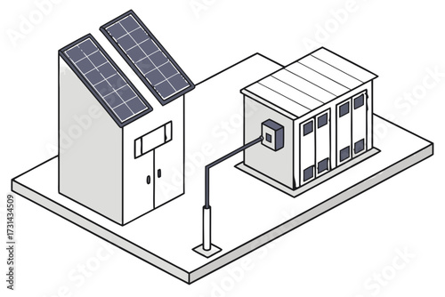 Vector illustration of small building with solar panels on roof connected to an electrical unit, illustrating distributed solar power generation and energy management