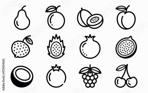 Collection of fresh fruits icons featuring pear peach passion fruit kiwi pomegranate and more