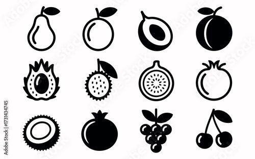 Diverse fruit icons collection pear plum passionfruit coconut grapes cherries and exotic fruits for healthy eating
