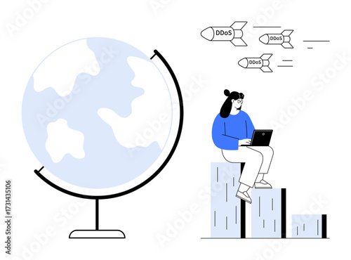 Woman sits on a bar chart with laptop, facing incoming DDoS cyber attack missiles beside a globe. Ideal for cybersecurity, data protection, internet threats, global issues, technology, analytics
