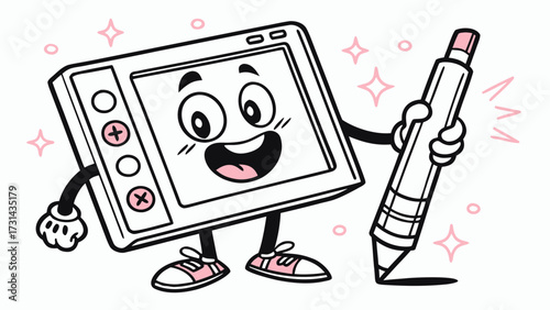 Cartoon drawing tablet with funny face and stylus as sidekick, cute creative technology mascot illustration in colorful doodle vector style for stock and stickers