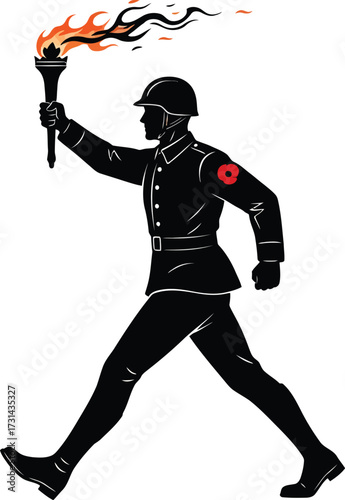 Silhouette illustration of a soldier in uniform marching with a flaming torch and red poppy flower for remembrance day