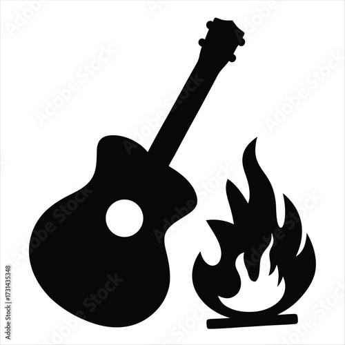 Acoustic guitar burning in flames, musical destruction concept with bold design