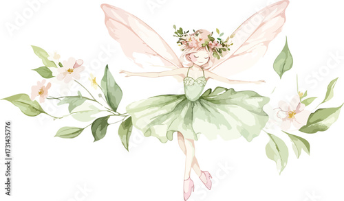 Delicate watercolor painting of a soft pink blossom with green leaves and buds