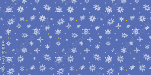 Christmas Hand Drawn Seamless Pattern with Cute Geometrical Snowflakes on Blue Background. Winter backdrop with falling snow, simple design perfect for cards, web, banners, poster, wrapping paper