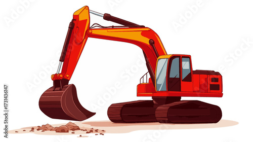 Red Excavator Operating at a Worksite - Vector Illustration in Industrial Environment