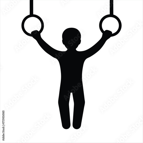 Silhouette of a person hanging from gymnastic rings in minimalist style