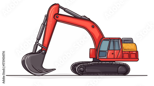 Red Excavator at Construction Site, Vector Illustration, Industrial Environment, Side View, Machinery Concept