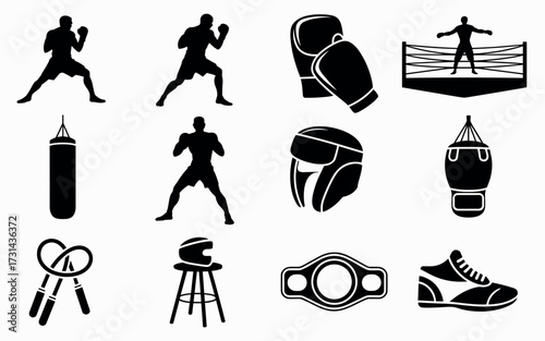 Boxing equipment and silhouettes collection dynamic visuals for sports enthusiasts and graphic design projects