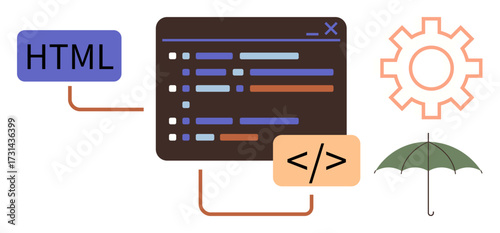 Code editor with programming lines, HTML tag, code icon, gear, and umbrella. Ideal for web design, coding, development digital protection technology software and creativity. Simple flat metaphor