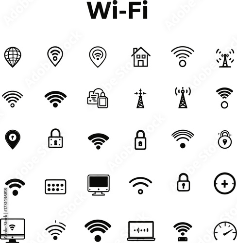 A collection of various wifi and networking icons displayed in a grid pattern on a white background silhouette