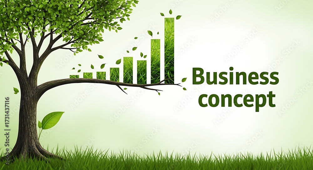 Obraz premium Dynamic visual portraying the concept of sustainable economic growth, a green tree transforming into an upward bar graph, symbolizing eco-friendly development and future prosperity