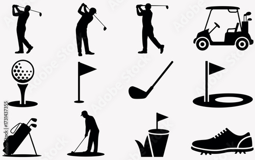 Dynamic golf icons set featuring silhouettes of golfers swings golf cart ball and club