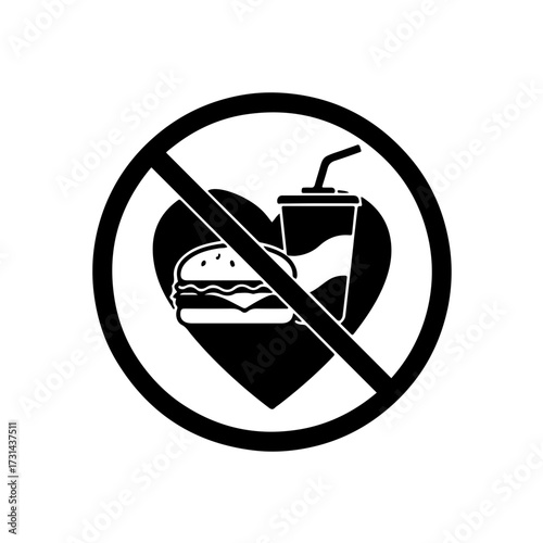 A high-impact black and white vector icon combining the symbol of a human heart with a classic unhealthy fast food item (e.g., burger or soda) overlaid with a clear prohibition sign