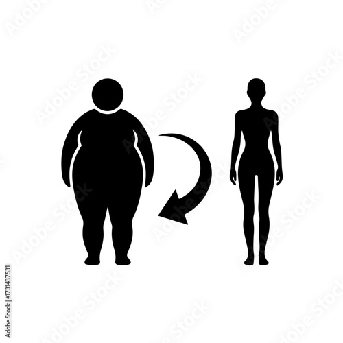 A compelling black and white vector icon illustrating the weight loss journey with two overlapping or adjacent human silhouettes: one representing a larger