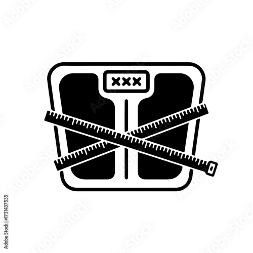 A concise and clear black and white vector icon featuring a simple weight scale being encircled by a measuring tape. This striking visual effectively symbolizes weight monitoring